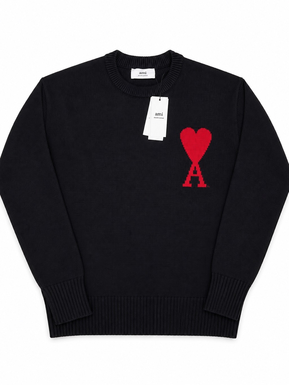 AMI Paris Black Knit Sweater with Red Heart 'A' Men’s size XL New